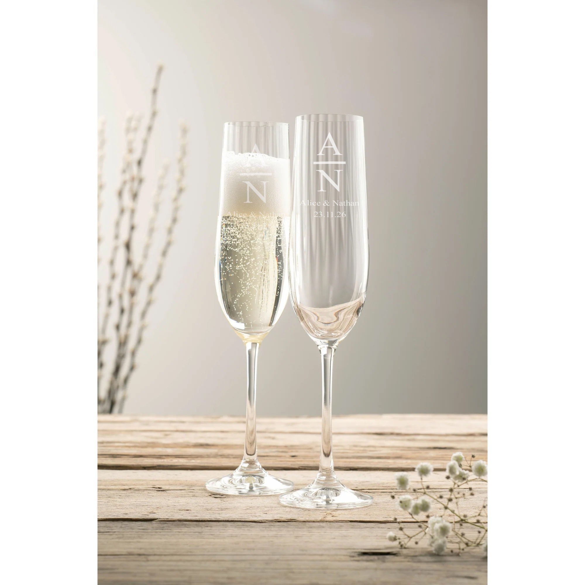 Engraved Erne Champagne Flute Glass Pair