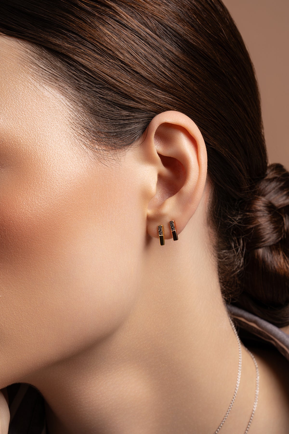 Dual Tone Bar Sterling Silver & Rose Gold Stud Earrings