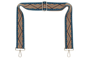 Blue Navy Tan Aztec Camera Strap - Silver hardware