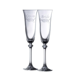 Floral Bride & Groom Liberty Flute Glass Pair - Galway Irish Crystal