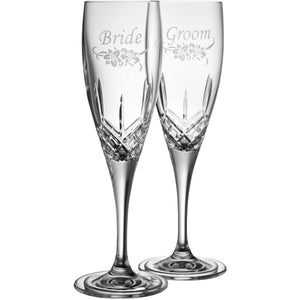 NEW Bride & Groom Floral Spray Flute Pair - Galway Irish Crystal