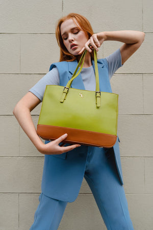 Two Tone Large Tote - Lime & Tan