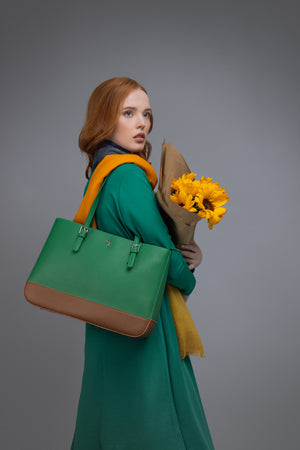 Two Tone Large Tote - Green & Tan - Galway Irish Crystal