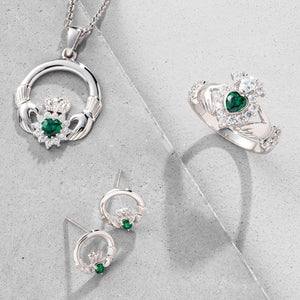 Green Crystal Sparkle Claddagh Sterling Silver Ring - Galway Irish Crystal
