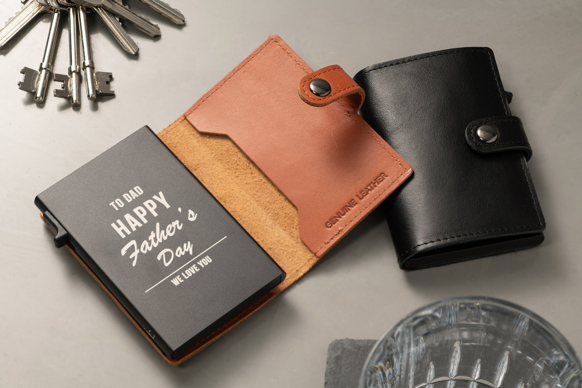 Engraved Brown Leather Card Holder Wallet