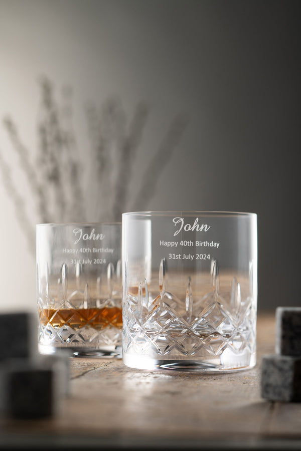 Engraved Longford Whiskey Glass Pair - Galway Crystal