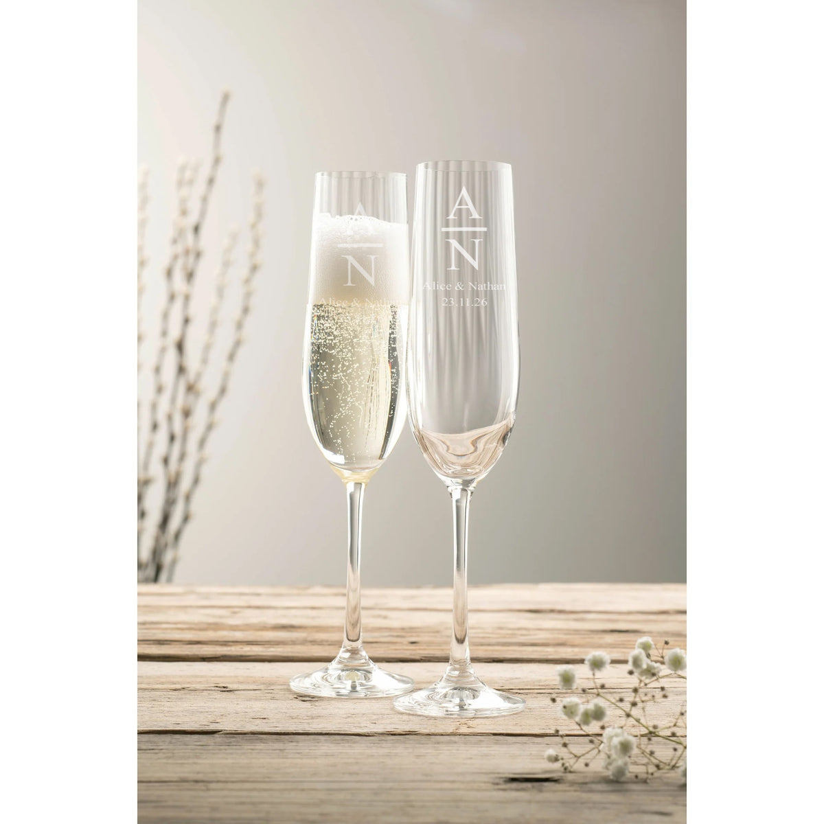 Engraved Erne Champagne Flute Glass Pair