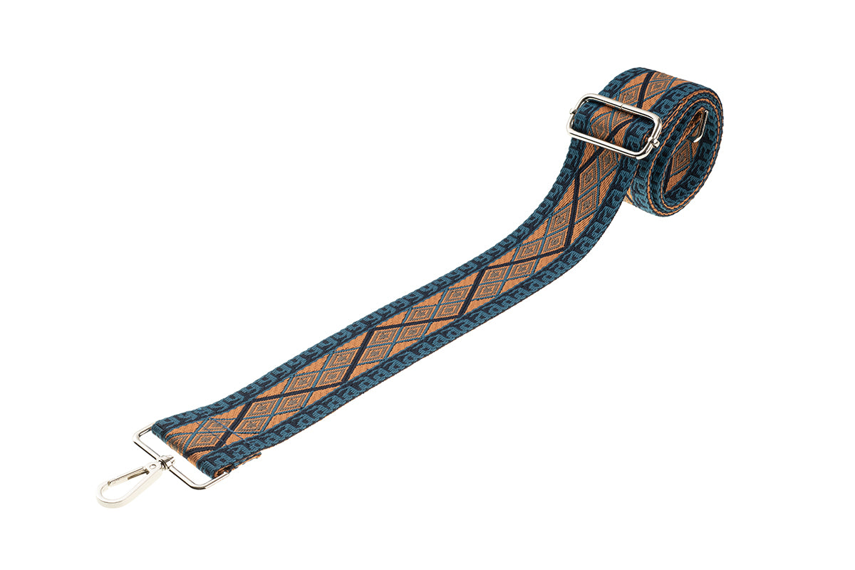 Blue Navy Tan Aztec Camera Strap - Silver hardware