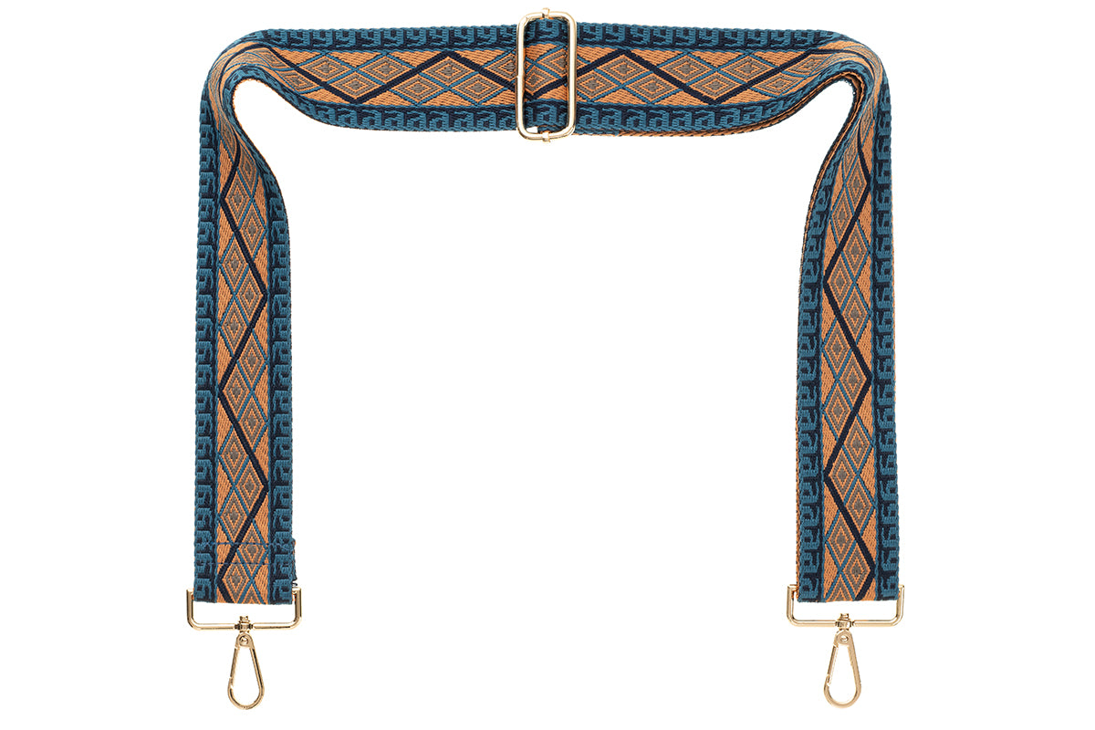 Blue Navy Tan Aztec Camera Strap - Gold hardware