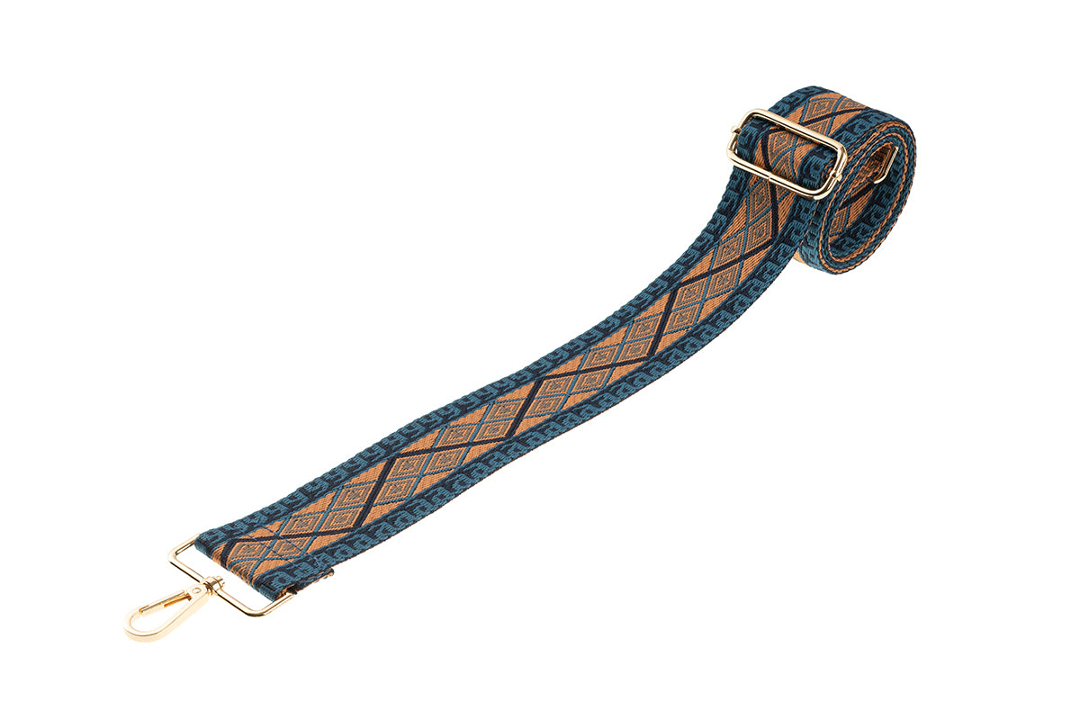 Blue Navy Tan Aztec Camera Strap - Gold hardware