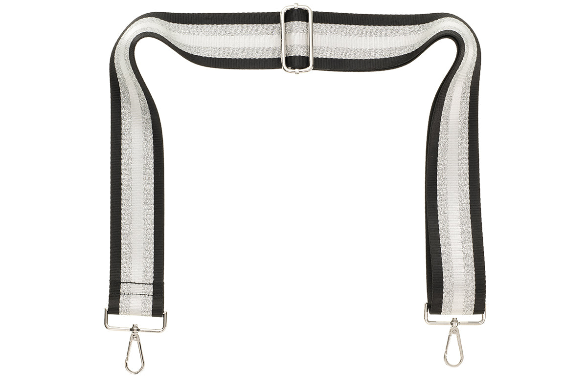 Black Sliver White Stripe Camera Strap - Silver hardware