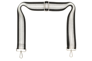 Black Sliver White Stripe Camera Strap - Silver hardware