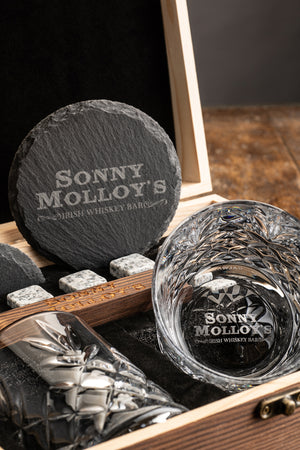 ENGRAVED RENMORE WOODEN BOXED WHISKEY GIFT SET (Glasses & Coasters)