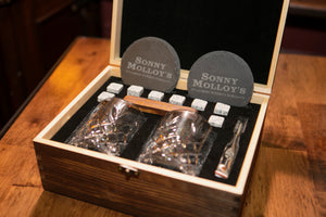 ENGRAVED RENMORE WOODEN BOXED WHISKEY GIFT SET (Glasses & Coasters)