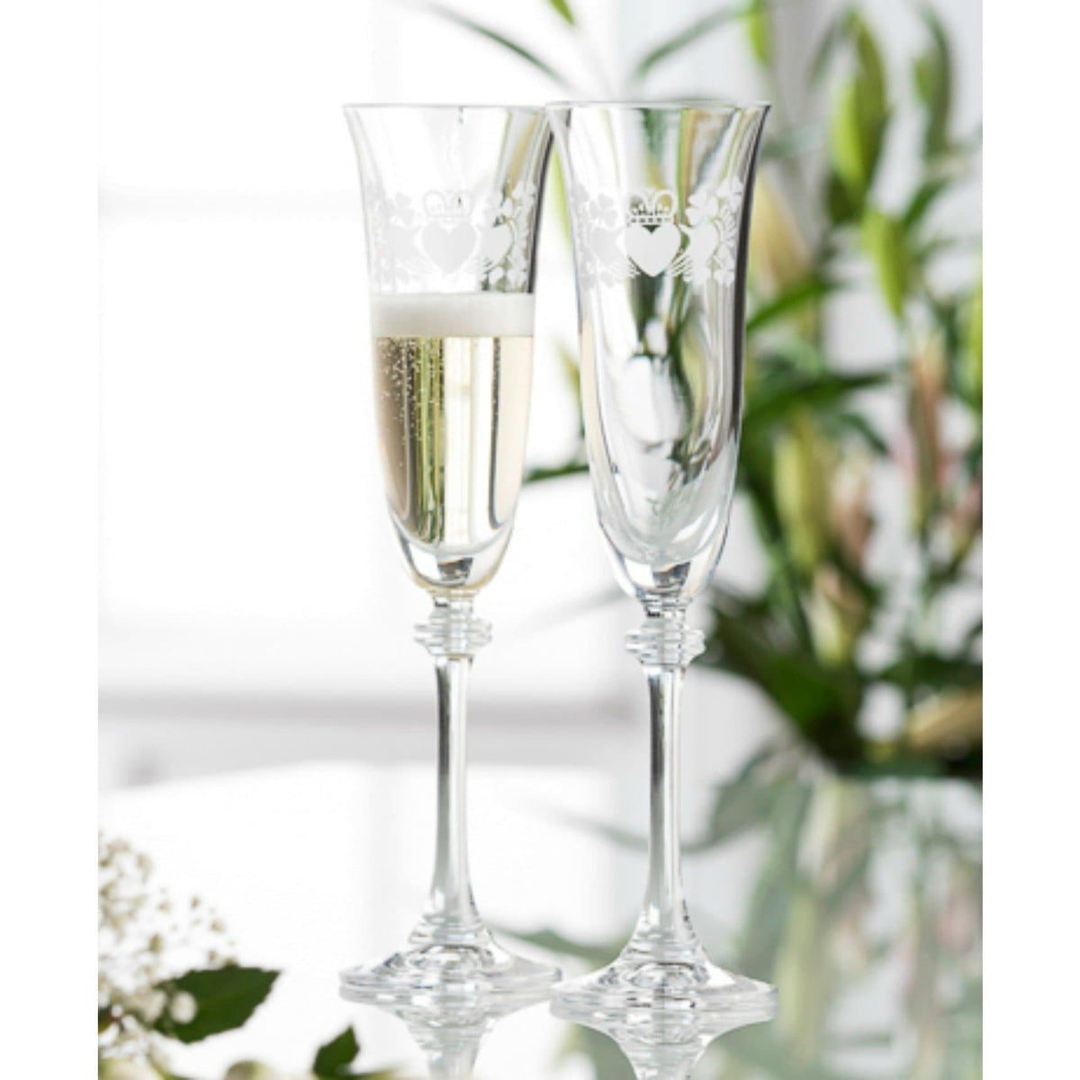 Claddagh Ring Shamrock Liberty Flute Glass Pair - Galway Irish Crystal