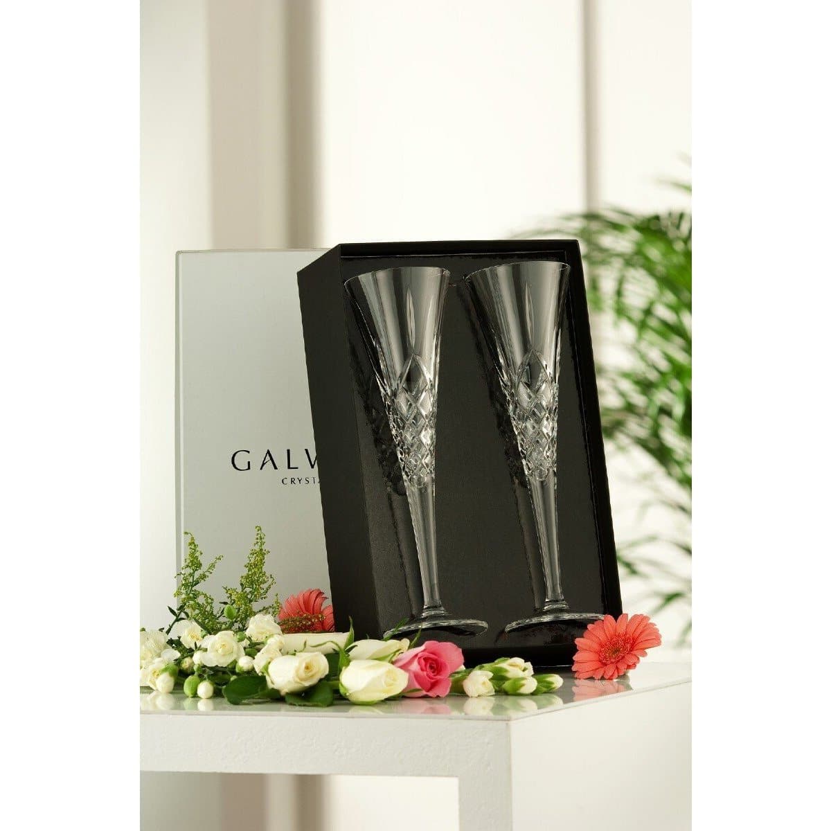 Engraved Longford Romance Flute Glass Pair - Galway Irish Crystal
