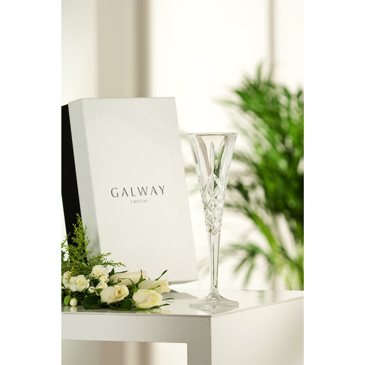 Engraved Longford Romance Flute Glass Pair - Galway Irish Crystal