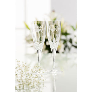 NEW Bride & Groom Floral Spray Flute Pair - Galway Irish Crystal