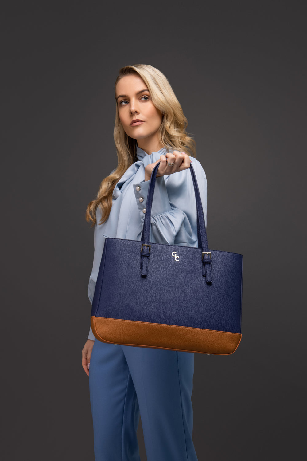 Two Tone Large Tote Navy Tan Galway Irish Crystal
