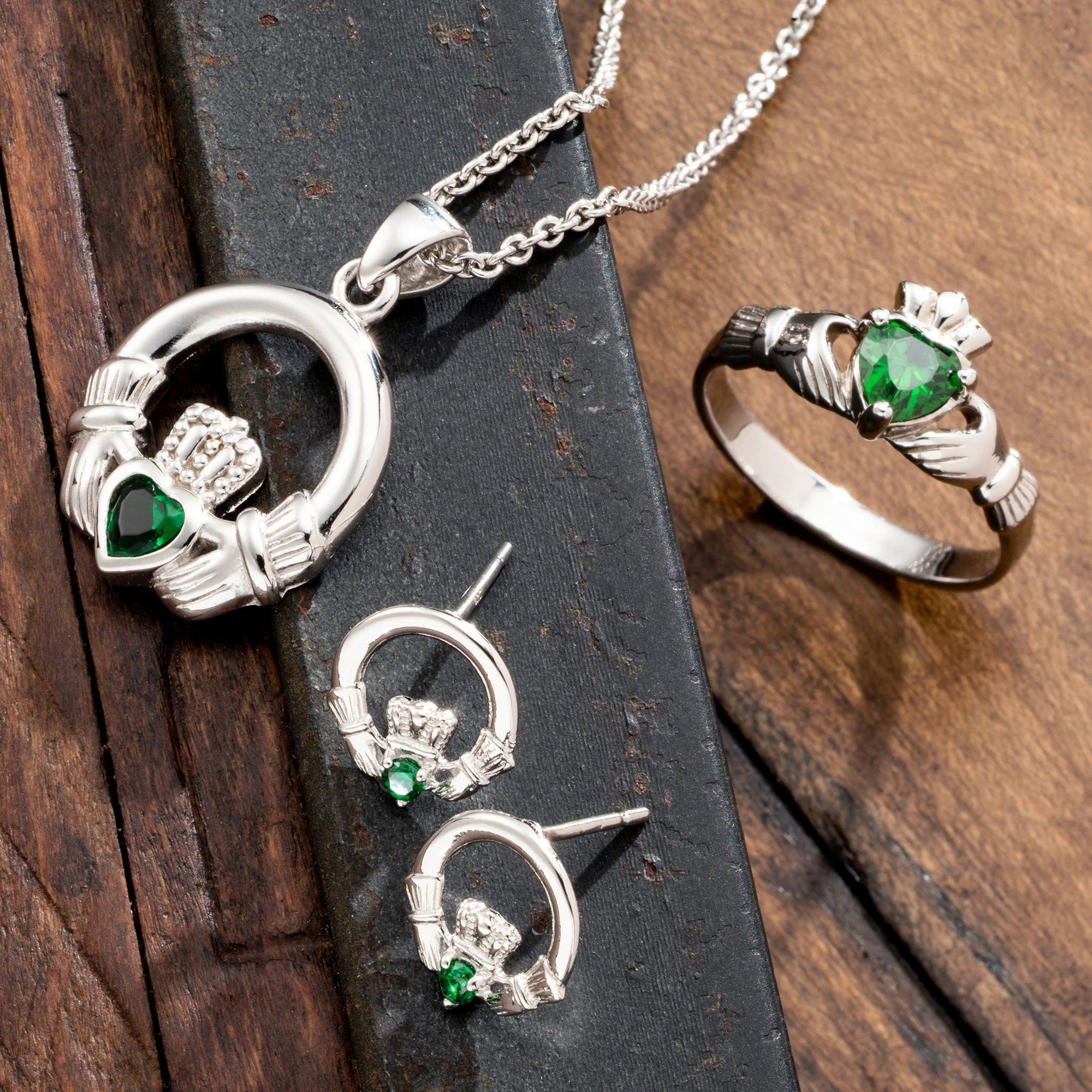 Green Crystal Claddagh Sterling Silver Earrings - Galway Irish Crystal
