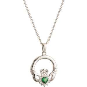 Green Crystal Sparkle Claddagh Silver Pendant - Galway Irish Crystal