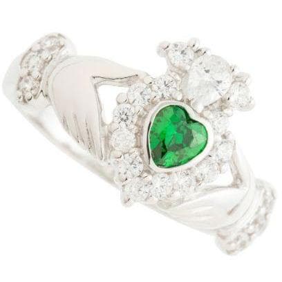 Green Crystal Sparkle Claddagh Sterling Silver Ring - Galway Irish Crystal