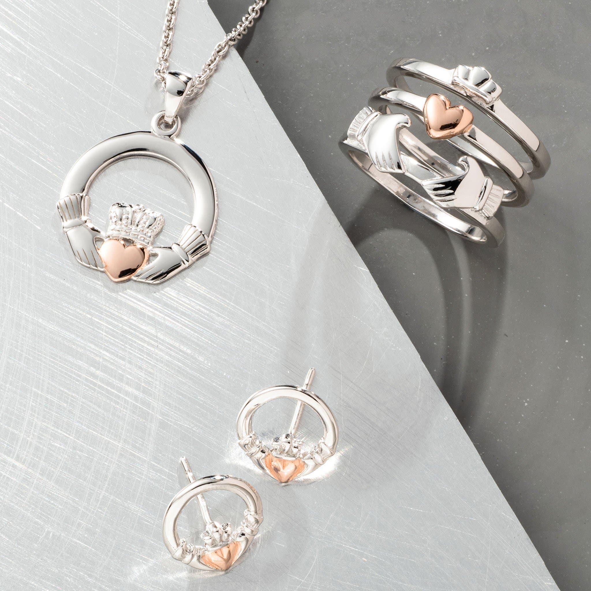 Claddagh Pendant Sterling Silver Rose Gold Galway Irish Crystal