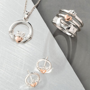 Three Part Claddagh Silver & Rose Gold Ring - Galway Irish Crystal