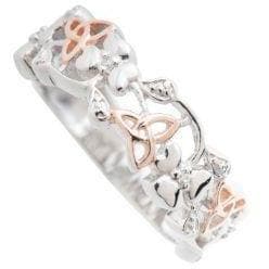 Trinity Knots & Shamrocks Rose Gold & Silver Ring - Galway Irish Crystal