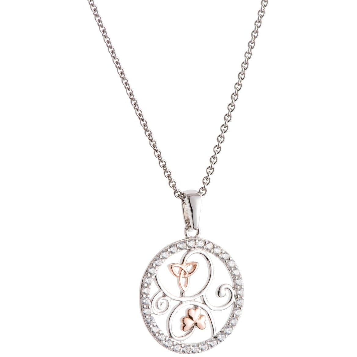 Trinity Knots & Shamrocks Rose Gold & Silver Pendant - Galway Irish Crystal